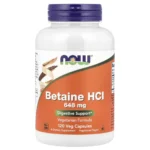 NOW Foods, Betaine HCl, 120 Veg Capsules, Betaine HCl 1,296 mg with acid-stable protease 300 mg per 2-capsule serving