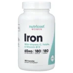 Nutricost, Women, Iron With Vitamin C, Folate, & Vitamin B12, 180 Capsules, 65 mg Iron + 45 mg Vitamin C + 200 mcg DFE Folate + 500 mcg Vitamin B12 per capsule