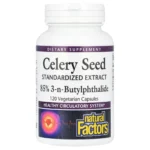 Natural Factors, Herbal Factors, Celery Seed Standardized Extract, 120 Vegetarian Capsules, Celery seed extract 75 mg standardized to provide 63.75 mg 3-n-butylphthalide per capsule