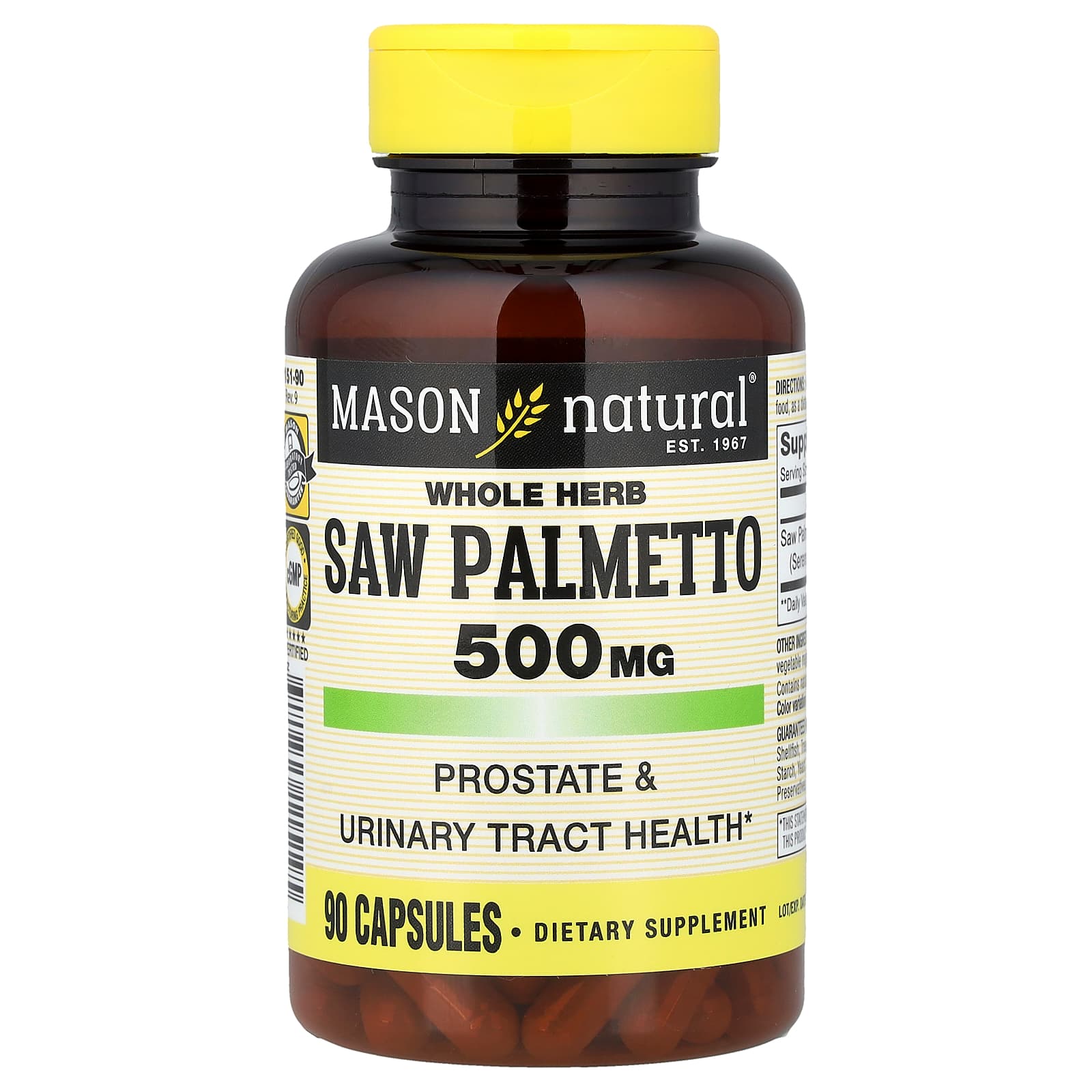 06dbf9bf12c12fc1 Mason Natural, Whole Herb Saw Palmetto, 500 mg, 90 Capsules - Image 1