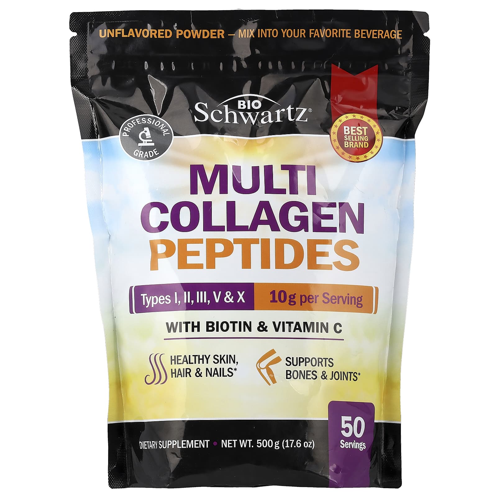 0f19741fe17bc3fb BioSchwartz, Multi Collagen Peptides Powder, Types I, II, III, V & X, With Biotin & Vitamin C, Unflavored, 17.6 oz (500 g) - Image 1