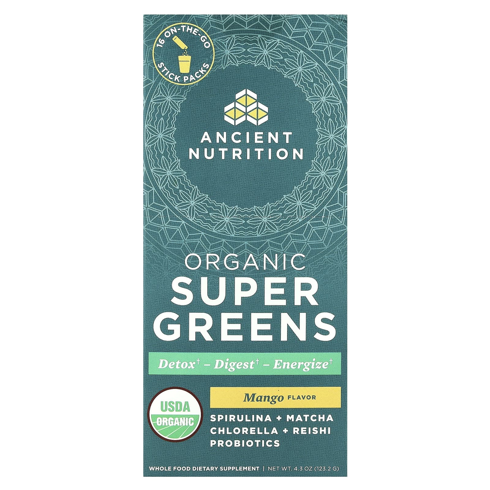 12bbbfabc45394a3 Ancient Nutrition, Organic Super Greens, Mango, 16 On-The-Go Stick Packs, 0.3 oz (7.7 g) Each - Image 1