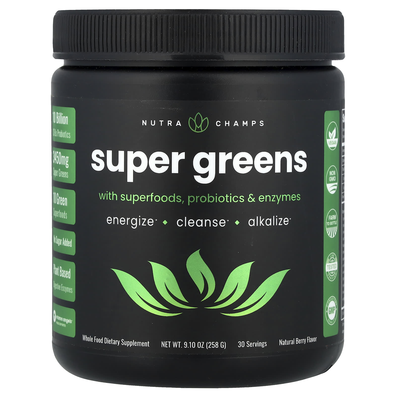 349410eab66d4f11 NutraChamps, Super Greens With Superfoods, Probiotics & Enzymes, Natural Berry, 9.10 oz (258 g) - Image 1