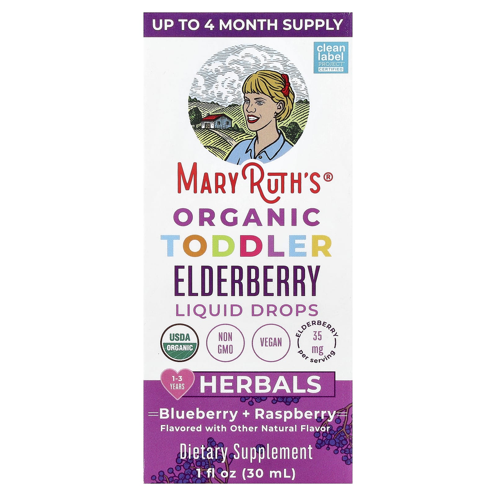 46419c9cb2fdd952 MaryRuth's, Organic Toddler Elderberry Liquid Drops, 1-3 Years, Blueberry + Raspberry, 1 fl oz (30 ml) - Image 1