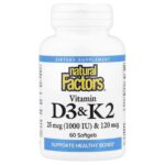 Natural Factors, Vitamin D3 & K2, 25 mcg (1,000 IU) & 120 mcg, 60 Softgels