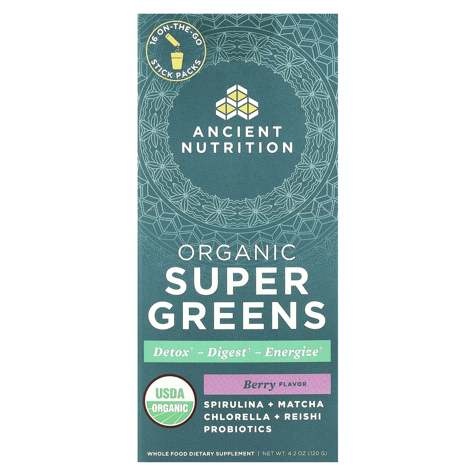 7023b62439214115 Ancient Nutrition, Organic Super Greens, Berry, 16 On-The-Go Stick Packs, 0.3 oz (7.5 g) Each - Image 1
