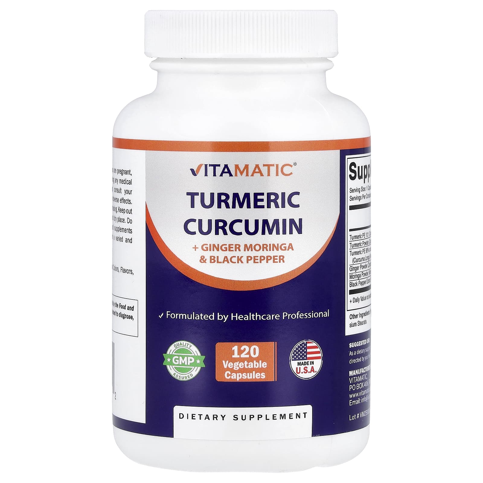 a752e8bd495c33db Vitamatic, Turmeric Curcumin + Ginger Moringa & Black Pepper, 120 Vegetable Capsules - Image 1