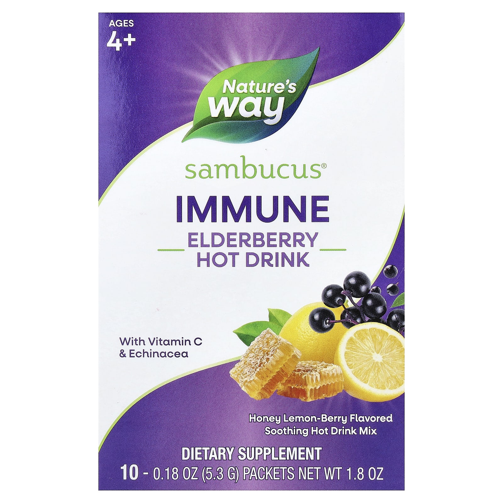 db8d64fff6805724 Nature's Way, Sambucus®, Immune Elderberry Hot Drink, Ages 4+, Honey Lemon-Berry, 10 Packets, 0.18 oz (5.3 g) Each - Image 1