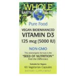 Natural Factors, Whole Earth & Sea®, Vegan Bioenhanced Vitamin D3, 125 mcg (5,000 IU), 60 Vegetarian Capsules
