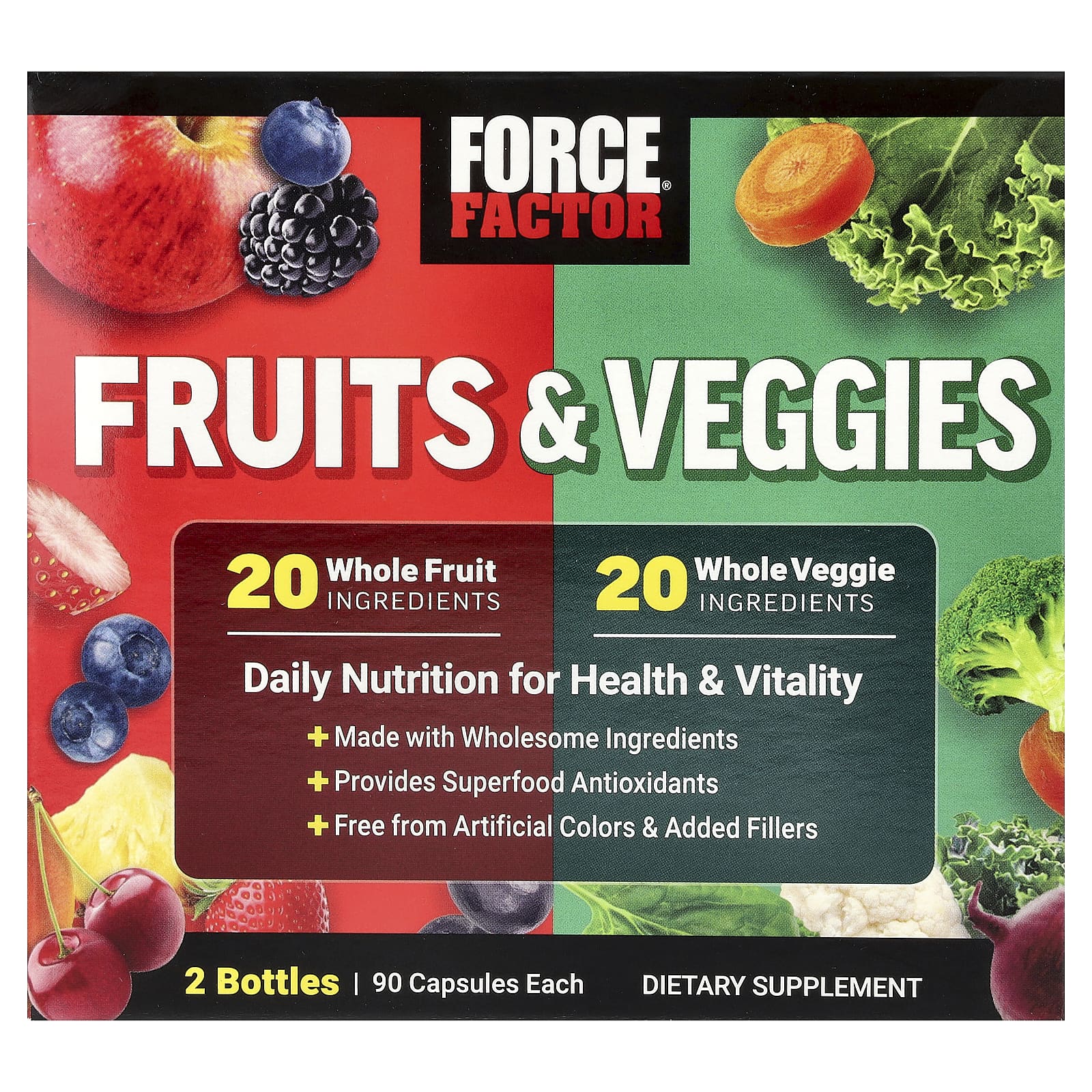 efa47176f7c71855 Force Factor, Fruits And Veggies, 2 Bottles, 90 Capsules Each - Image 1