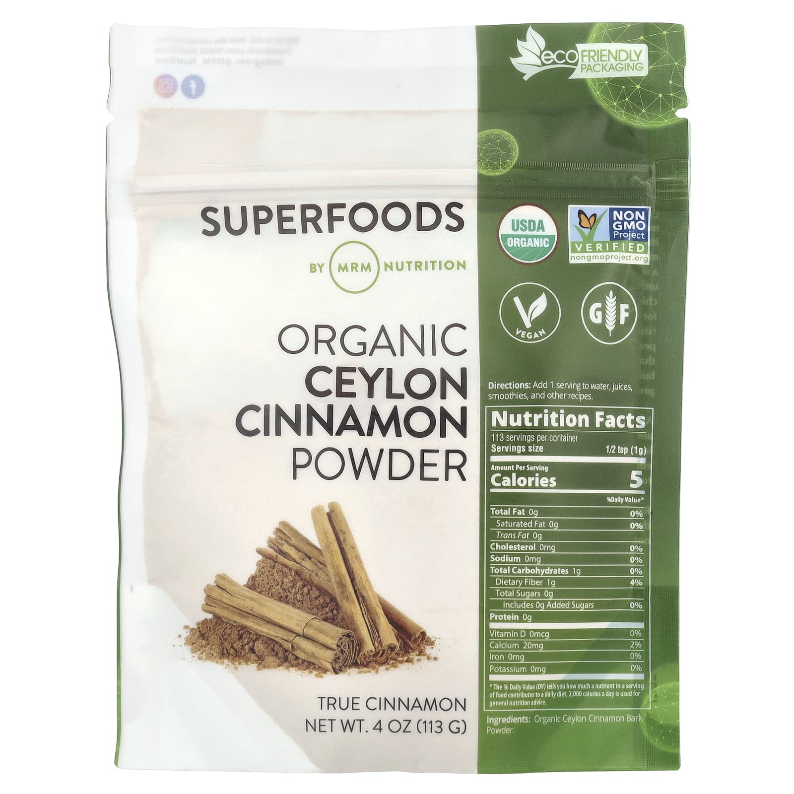fcc2e3fd28418a82 MRM Nutrition, Organic Ceylon Cinnamon Powder, 4 oz (113 g) - Image 1